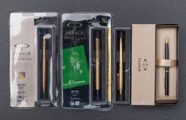 A Parker Vector gold fountain pen and Jotter gold ball pen in original blister packs,