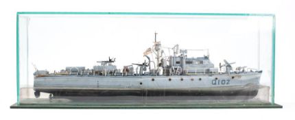 A cased scale model of the Royal Canadian Navy Class B Fairmile Motor Launch Q102: fully detailed
