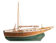 A scale model of the sailing yacht 'Jamasa': standing rigged over planked deck with glazed cabin,