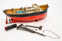 Bing (Germany) A tinplate clockwork boat: forward mast, black funnel over white cabin, yellow desk,