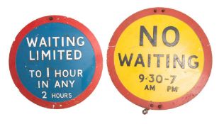 Two mid 20th century road signs: 'No Waiting 9.