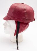 A Chas Owen & Co 'Moby Cap' vintage corker motorcycle helmet in crimson: label as per title to