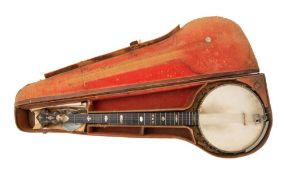 A 19th century five sting banjo by J E Dallas in an embossed brown simulated leather case.