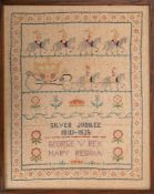 A framed 1933 Silver Jubilee silkwork tapestry with banded decoration of Horseguards, Royal coach,