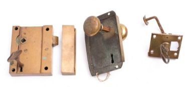A handmade brass Shiffins Bolt rim lock with handles: together with a brass lever lock plate and