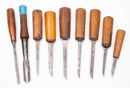 Seven various mortice chisels: including one by Wilkinson, three with MOD issue broad arrow stamp,