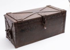 A late 18th/early 19th century iron trunk: with studded strap work to top and side with padlock