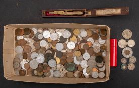 A box of mixed coins including 1928 Irish halfcrown, 1900 (?) , 1 franc 1960 French 5 Francs. J.