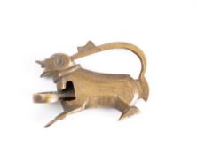 A small brass lock and key in the form of a recumbent lion: possibly Indian or Islamic: the tail