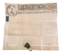 Large George II land document on parchment with remains of a seal, circa 1753.