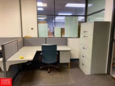 (5) Desks with Drawers, (3) File Cabinets, Cabinet, (2) Chairs and Cubical Wall Sections - Rigging