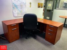 Desk with Drawers, Round Table, (2) Cabinets, File Cabinet, White Board Cabinet, Coat Rack and (2)