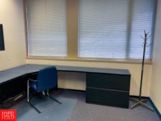Desk with Drawers and File Cabinet, Hanging Cabinet, (2) File Cabinets, Round Table, Coat Rack