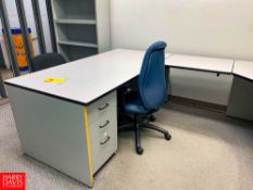 Desk with Drawers, File Cabinet, Bookshelf, (2) Chairs and White Board - Rigging Fee: $300