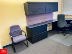 Desk with Drawers and File Cabinet, Hanging Cabinet, White Board, (4) Chairs and Floor Lamp -