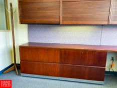 Desk with Drawers, (2) File Cabinets, (4) Hanging Cabinets, Round Table, Coat Rack and (5)
