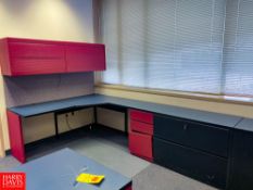(4) Desks with Drawers and File Cabinets, (2) Hanging Cabinets, File Cabinet and (4) Chairs -