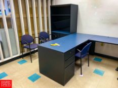 Desk with Drawers, Hanging Cabinet, File Cabinet, Cabinet with Shelves and Doors and (4) Chairs -
