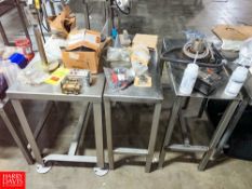 Assorted Valves, Electrical Parts, Hoses & (3) S/S Tables Rigging fee: $100