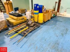 (3) Assorted Contents - Shelves, Racks, Mop, Brooms, 5 Gallon Buckets, Quick Dry Oil Pads, Mask, Pap