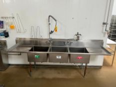 S/S 3-Basin Sink with (2) Facets and Sprayer, Dimensions= 10' x 28