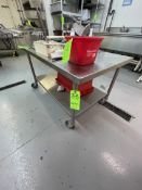 PORTABLE S/S TABLE WITH SHELF, MOUNTED ON CASTERS, 53