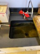 Approx 16' Lab cabinets with sink & stone tops: 1 row cabinets measuring 129