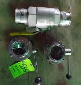 Qty (3) -- sanitary stainless 3 inch hand operated butterfly valves; 3 inch stainless sanitary