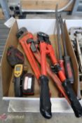 Box of Pipe Wrenches, Pry Bars, Tape Measures, Crimper, Infrared Thermometer