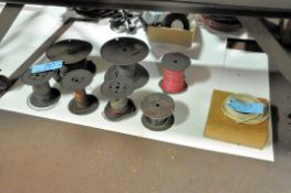 Lot-Various Wire Spools on Floor Under (1) Bench