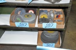 Lot-Used Grinding Wheels in (3) Boxes on (2) Shelves