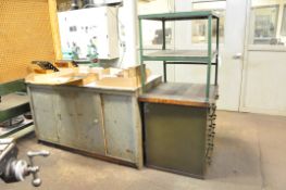 Lot-(2) Shelving, (1) Bin Drawer Organizer Cabinet, (4) Benches, (3) Short Shop Cabinets