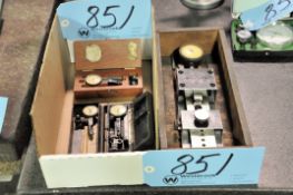 Lot-(3) Small Dial Force Indicator Gauges with Cases in (1) Box and (1) Federal Dial Gauge Fixture