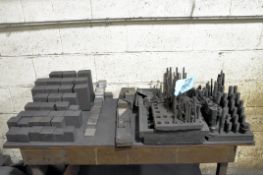 Lot- Various Hold Down Tooling and Wood Setup Blocks with Stand