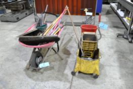 Lot-Mop Bucket with Wringer, Salt Spreader, Wheelbarrow and Cleanup Tools