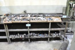 Lot-Various Alloy Metal Cutoffs in Tote Bins, (11) Boxes, and Loose on (2) Steel Shelving Units