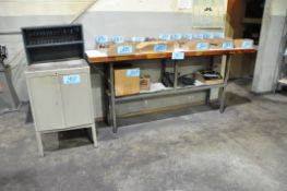 Lot-(1) Wood Top Bench, Shelving Unit and Short Cabinet