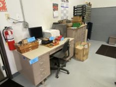 Lot of (1) Multi Drawer Office Desk with (3) 3-Drawer Filing Cabinets (With No Contents)