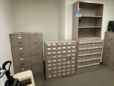 Lot of (3) Various Size Tool Bins with (2) Multi-Drawer Filing Cabinets, Shelf Unit