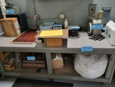 Lot of Shipping Bench, Parcel Scale, Paper Rack, Box Tape Machine, & Dunnage