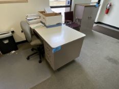 Lot of (1) Office Desk with (1) 2-Door Storage Cabinet, (2) Office Chairs, Picture on Wall