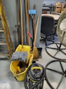 Lot of Brooms, Shovels, Mop Bucket, & Vacuum