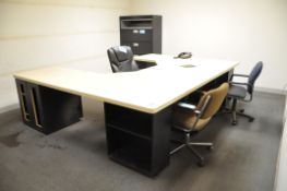 Lot-Wraparound Desk with 5-Drawer Lateral File Cabinet and (3) Swivel Arm Chairs in (1) Office