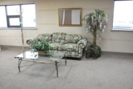 Lot-Upholstered Sofa, Glass Table, Artificial Plant and Coat Tree