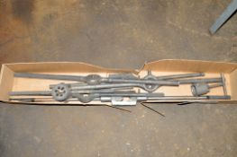 Lot-Large Industrial Tap and Die Handles in (1) Box on Floor Under (1) Table