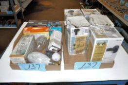 Lot-Various Packaged Light Bulbs and Exterior Light Fixtures in (2) Boxes on (1) Shelf