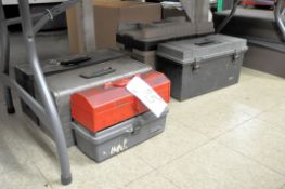 Lot-(6) Various Hand Tote Tool Boxes on Floor Under (1) Table, (Kennedy Box Not Included)
