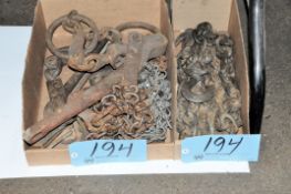 Lot-Various Chains, Chain Binders and Material Stock Grab in (2) Boxes on Floor Under (1) Table