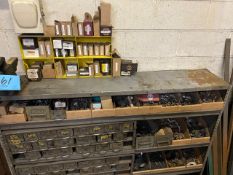 Lot-Nuts and Bolts Hardware with Organizer Bin Cabinets, Bench Vise and Shelving Unit