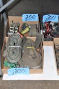 Lot-Various Cloth Strap Slings and Ratchet Straps in (3) Boxes on Floor Under (1) Table
